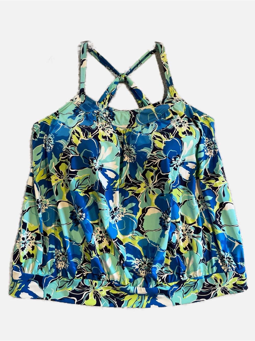 Lands' End Women’s Blue Green Blouson Floral Tankini Swimsuit Swim Top 20W